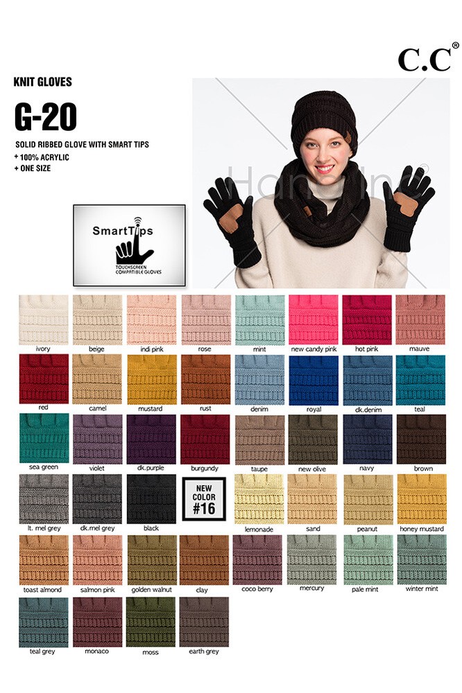 C.C Exclusive Unisex Cable Knit Winter Warm Smart Touch Soft Solid Color Gloves