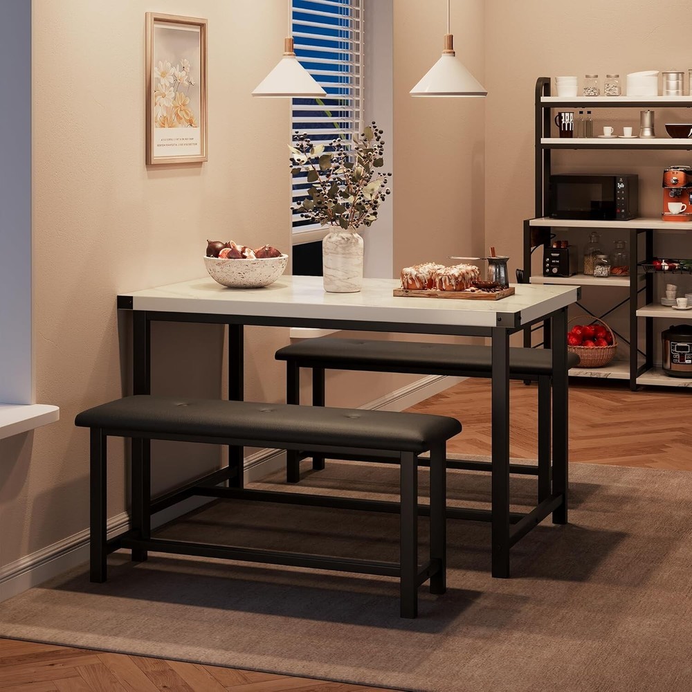 Dining Table Set for 4, Kitchen Table with 2 Upholstered Benches Apartment
