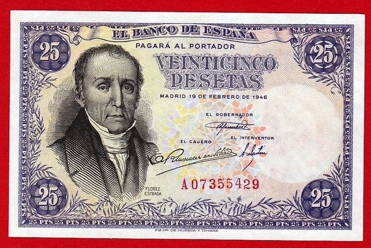 UNC, 25 Pesetas, 1946 ''Florez Estrada'' Serie A, SPAIN.