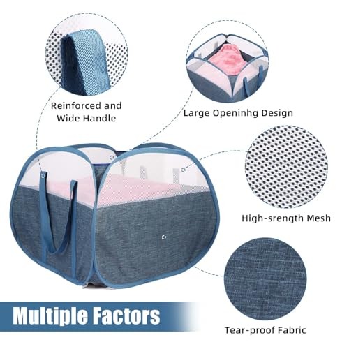 Collapsible Laundry Baskets, Tear Proof Pop Up Laundry Hamper with Square Blue