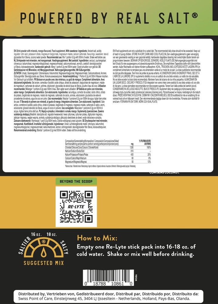 Mango Flavored Re Lyte Electrolyte Powder 30 Servings Zero Calorie Hydration