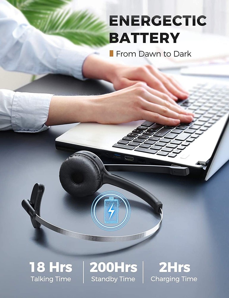 Mpow Wireless Bluetooth Headset Headphone + Noise Cancelling Mic 18Hrs Talk Time