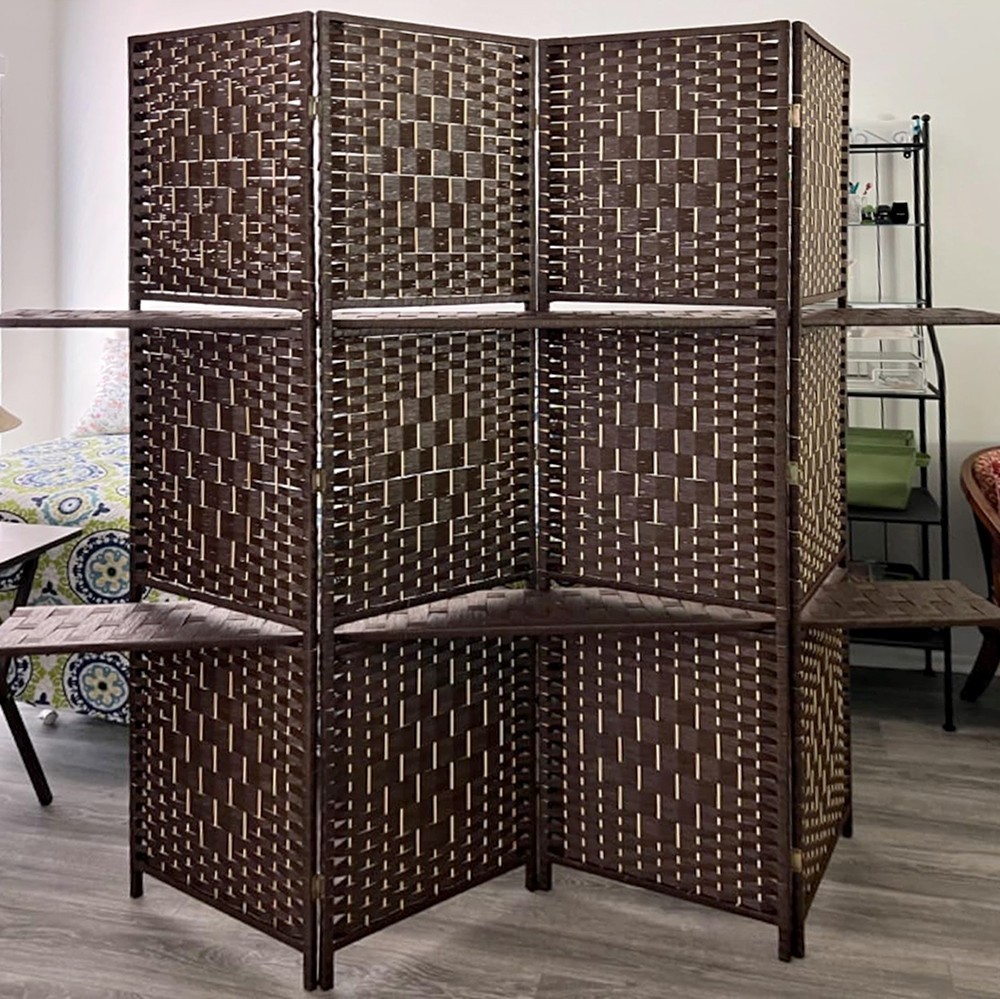 4 PANEL WOOD ROOM DIVIDER FOLDING PRIVACY SCREEN PEGBOARD WITH SHELVES BROWN 71"