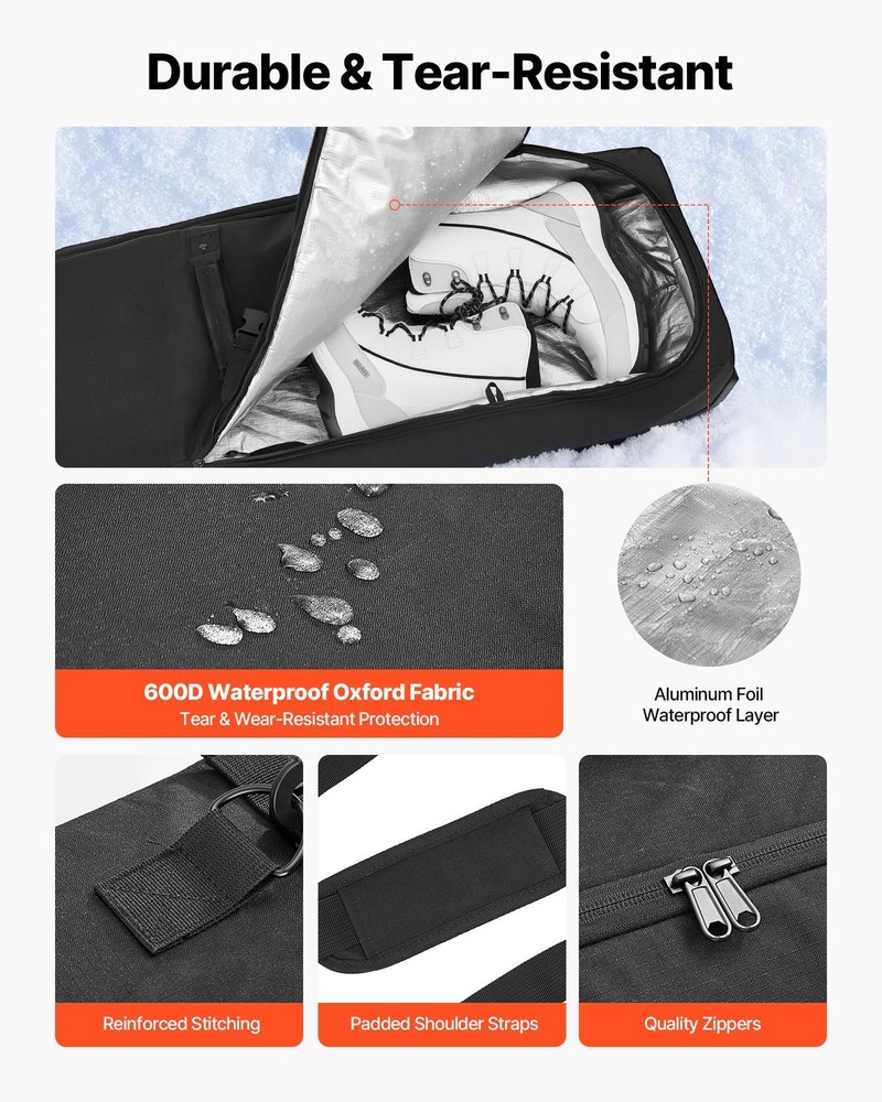 Long Ski Transport Bag 175cm, 600D Waterproof, Padded, Rolling Base