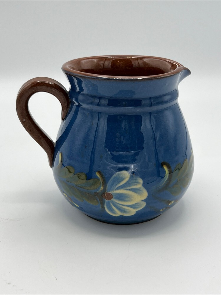 Blue Floral Rustic Glazed Terracotta 4 1/2” Pitcher
