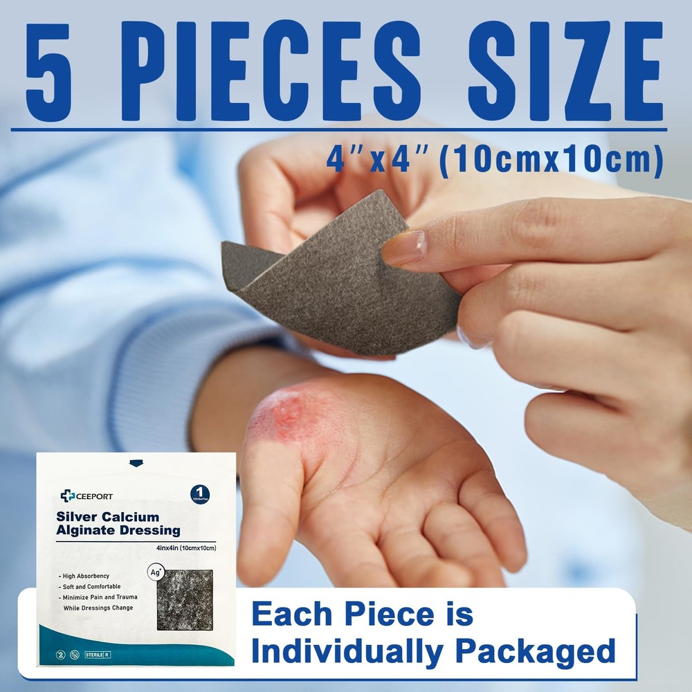 Ceeport Silver Calcium Alginate Wound Dressing, 4" x 4''x4''(5 Pcs),