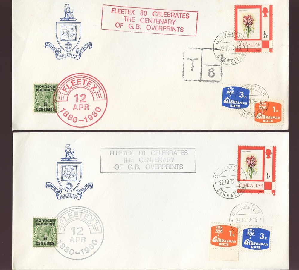 GIBRALTAR + MOROCCO FLEETEX 1979 POSTAGE DUES + OPTS 2 ENVELOPES DOUBLE DATED
