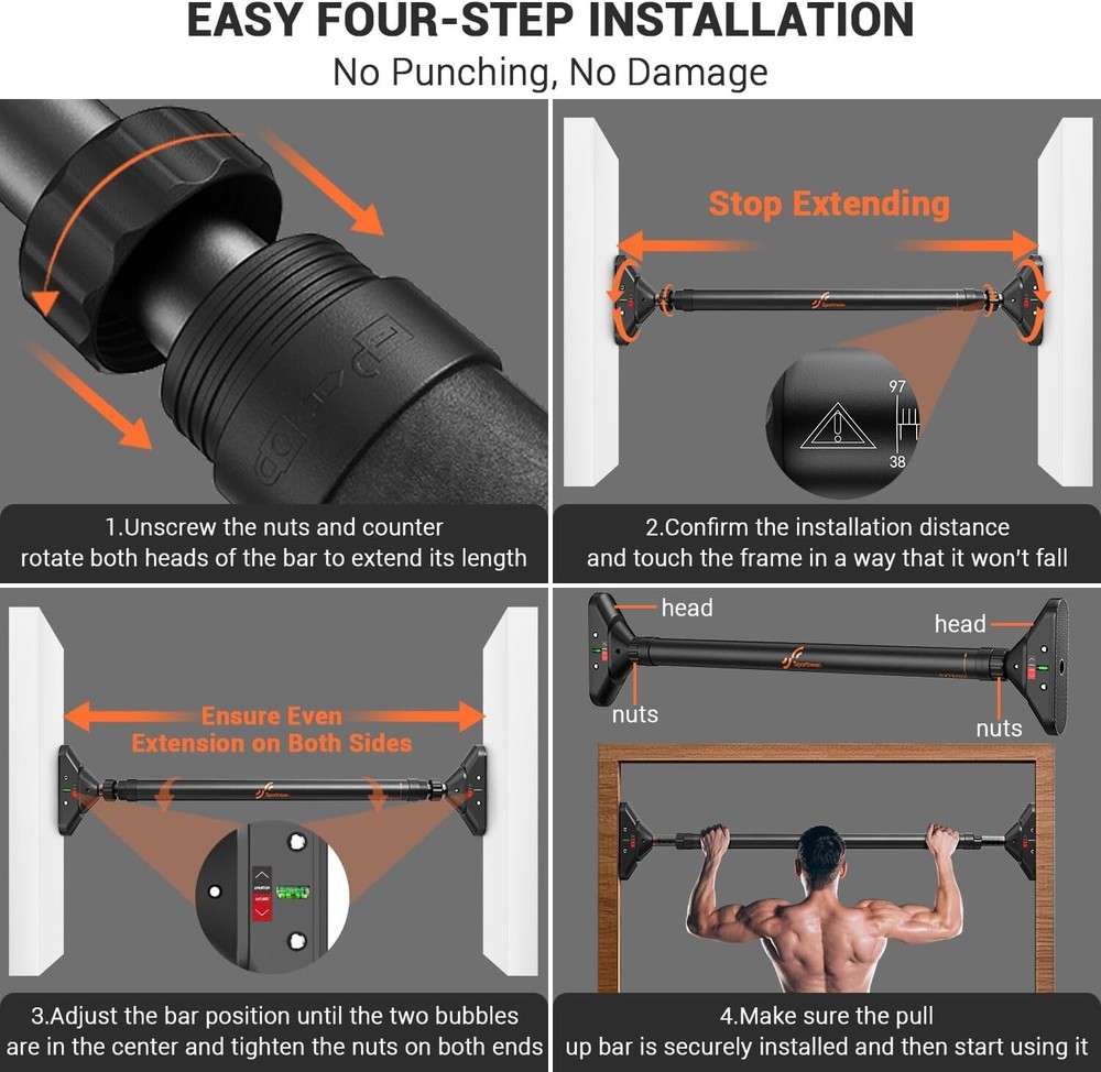 Non-Slip Adjustable Pull Up Bar: 440lbs Load Capacity for Upper Body Strength