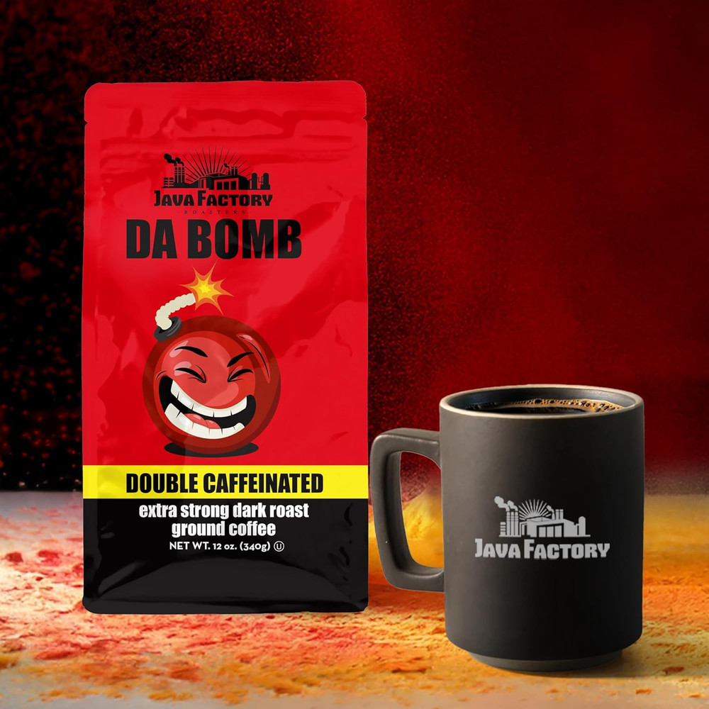 High Caffeine Ground Coffee, Da Bomb Dark Roast, Double Caffeinated for a Bold,