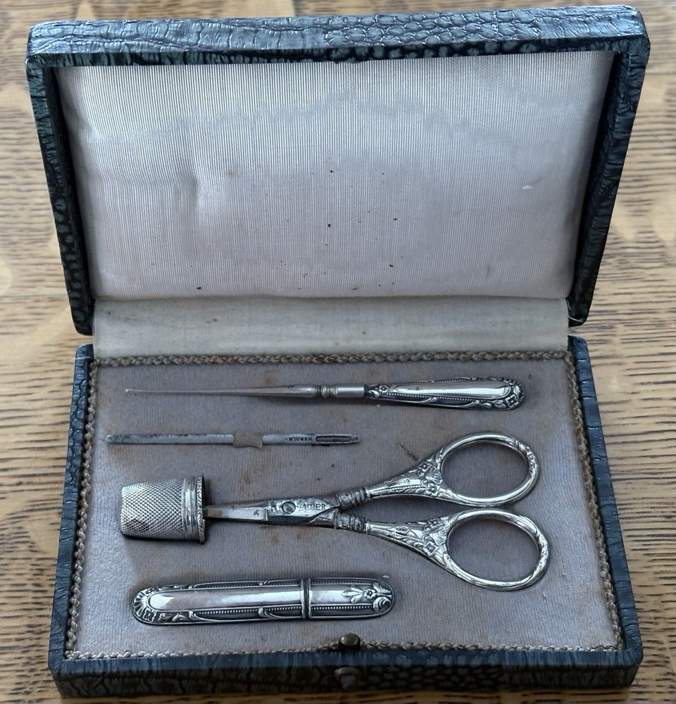 Antique Sterling Silver Sewing Machine Case Set & Box