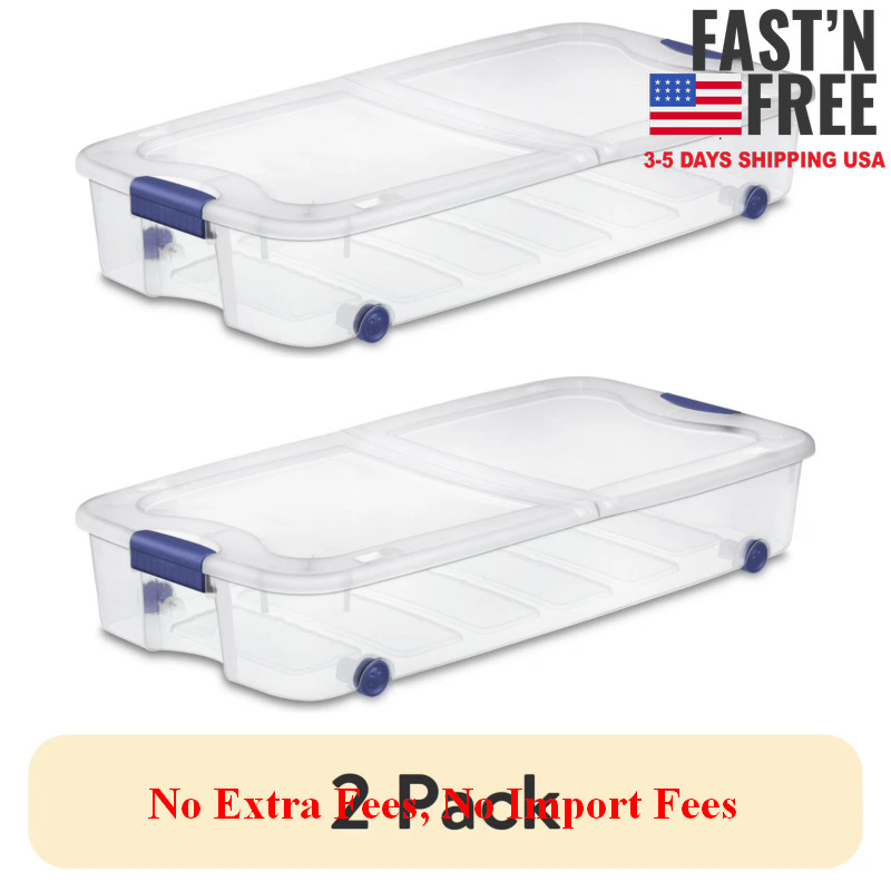 (2 pack) Sterilite Large Storage Bin 66Qt Clear Underbed Storage Container, Blue