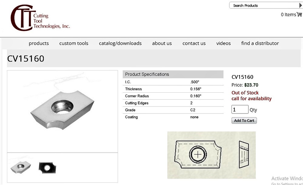 CUTTING TOOL TECHNOLOGIES Carbide 5/32" Radius Corner Rounding Insert CV15160 C2