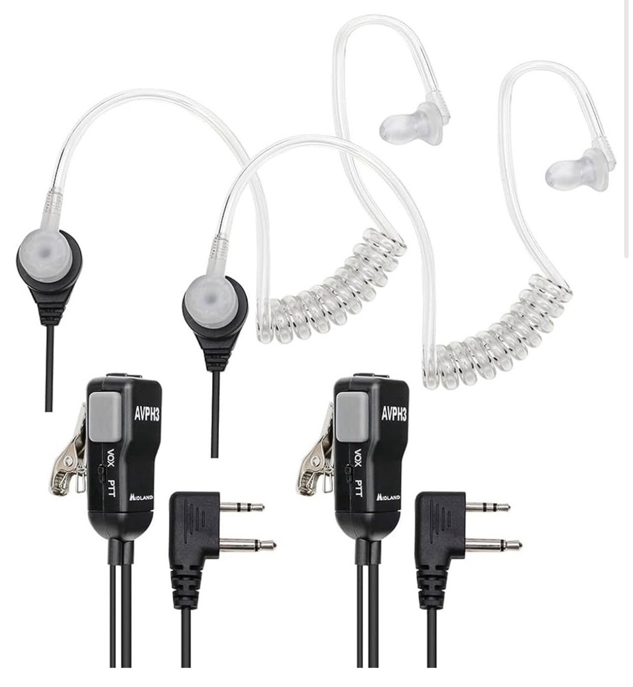 Midland AVPH3 Transparent Security Headsets with PTT/VOX - Black (2 Pack)