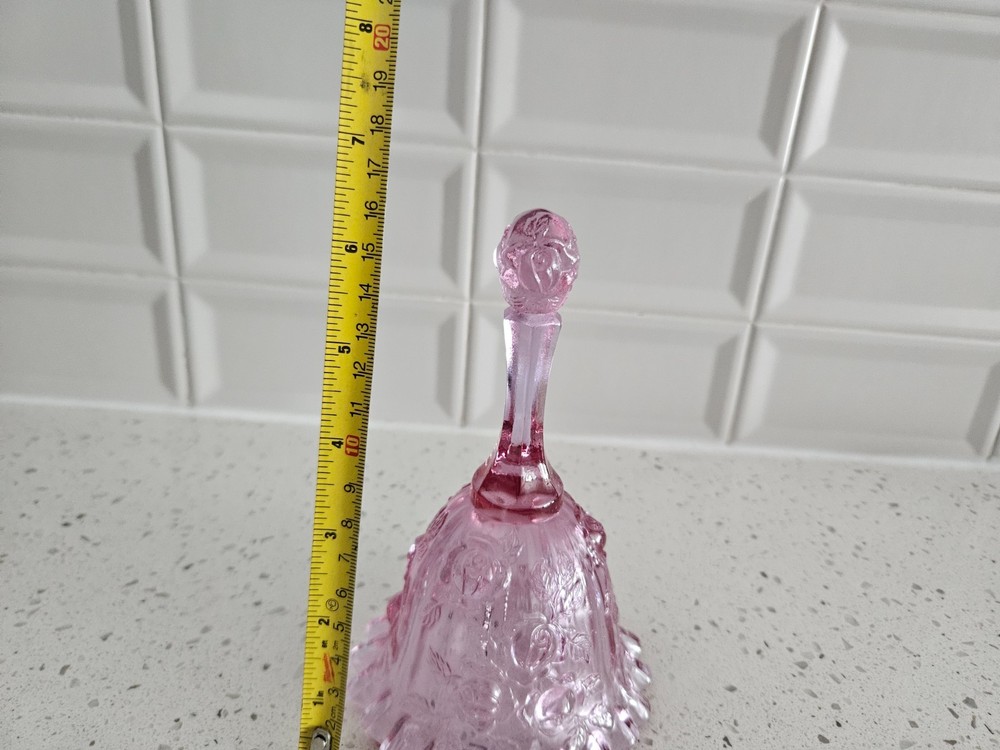 Vintage Pink Glass Bell 6" Rose Pattern Crystal