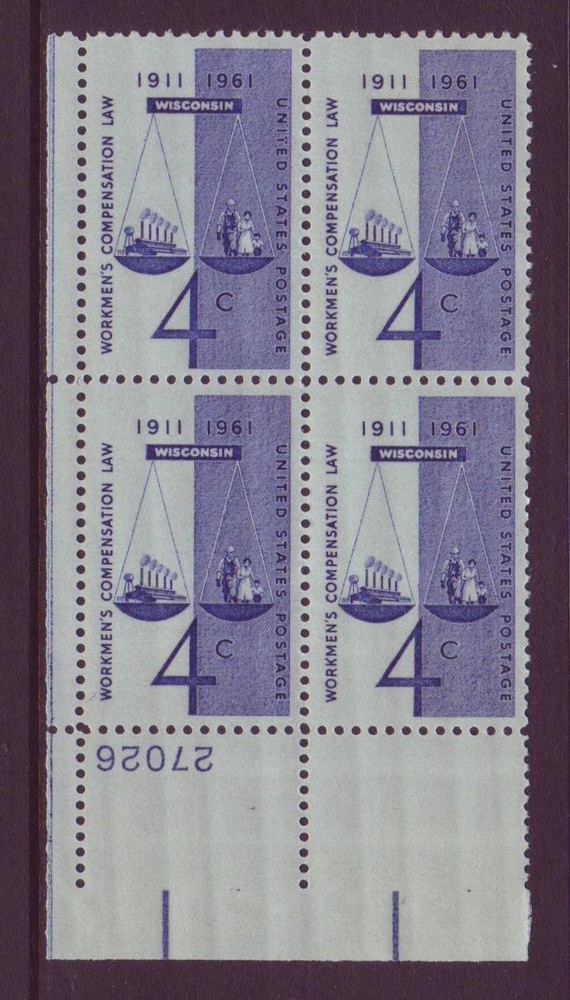 #1186 WORKMAN'S COMP. MINT PLATE BLOCK. F-VF NH!