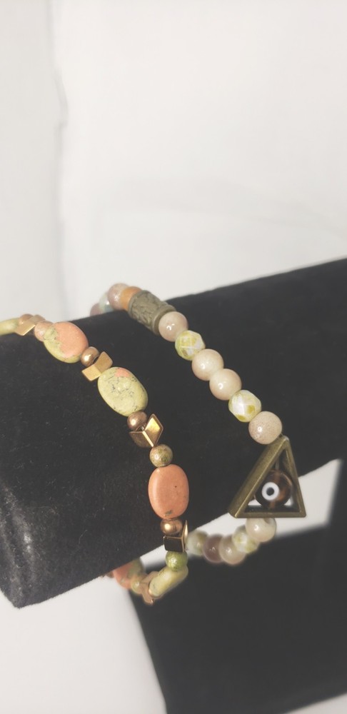 Gemstone Stackable Bracelets| Unakite & Sunstone Bracelet Set| Stretch Bracelet