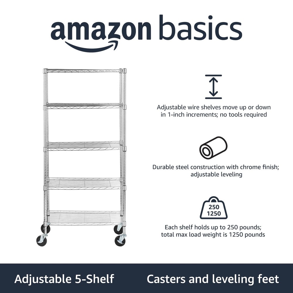Amazon Basics 5-Shelf Adjustable Heavy Duty Storage Shelving Unit w/ 4" Wheels