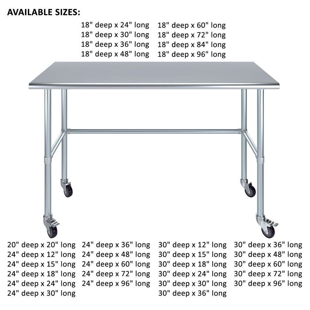 Stainless Steel Work Table with Open Base and Wheels | Mobile Utility Table