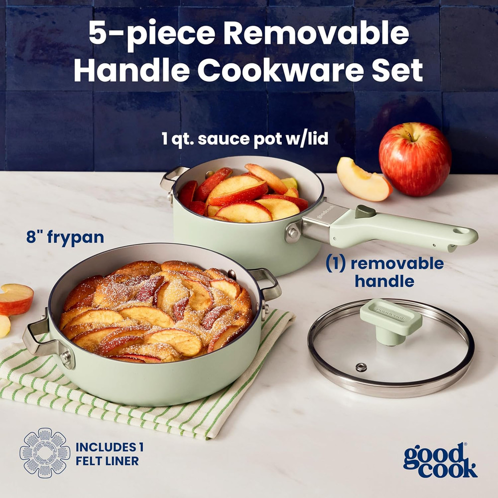 Ceramic Cookware Set 5-Piece with Removable Handle, Induction Compatible, Nonsti