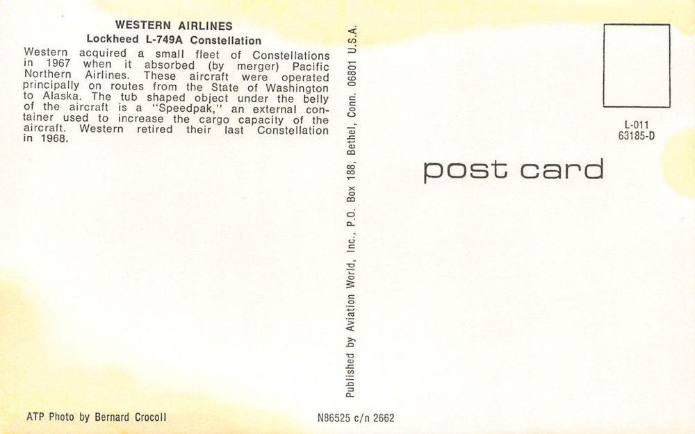 Airline Postcards Western Airlines Lockheed L-749A Constellation