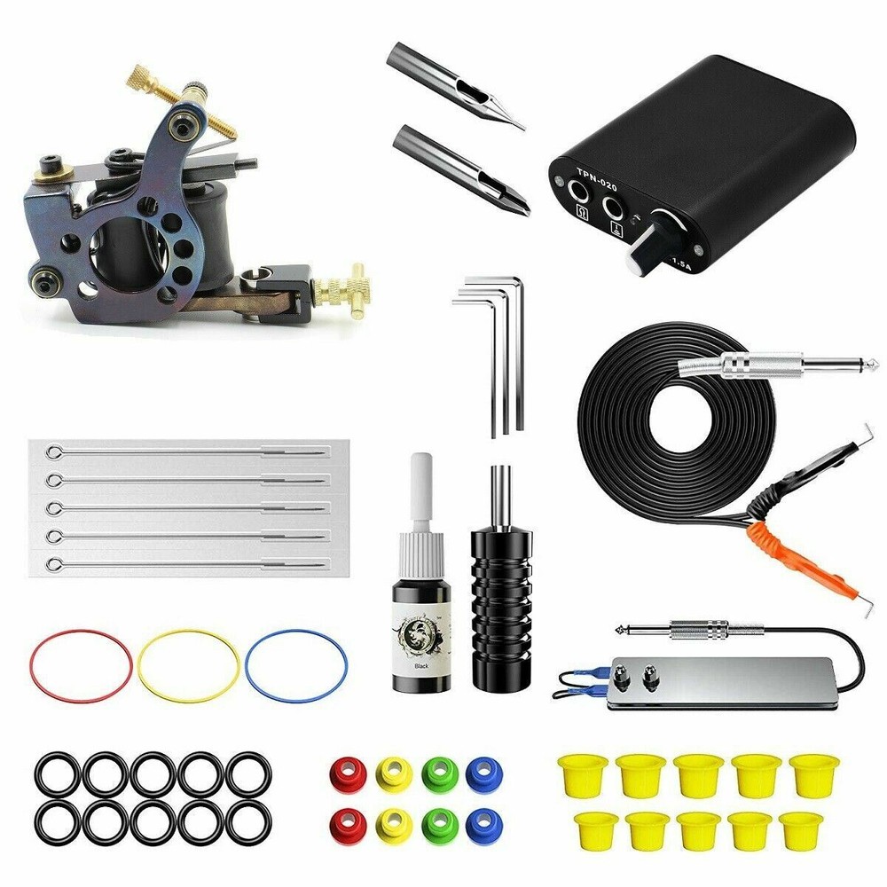 Complete Tattoo Kit for Beginner Power Supply Black Ink Needle Pro Machine Gun