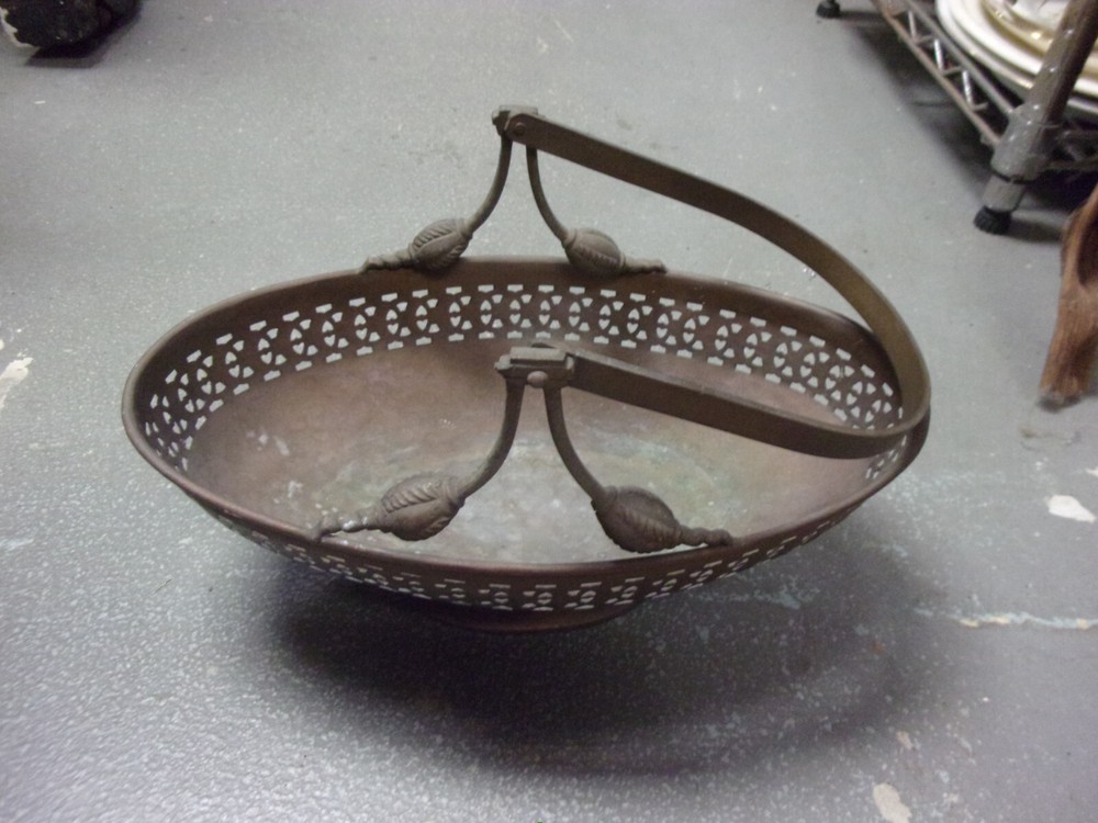 Rare Hand Hammered Copper Bronze open work handled basket