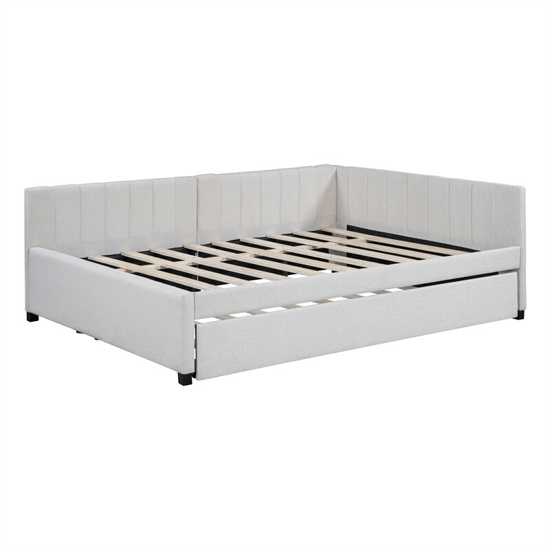 Full Size Linen Fabric Upholstered Daybed with Trundle Sofa Bed Frame,Beige