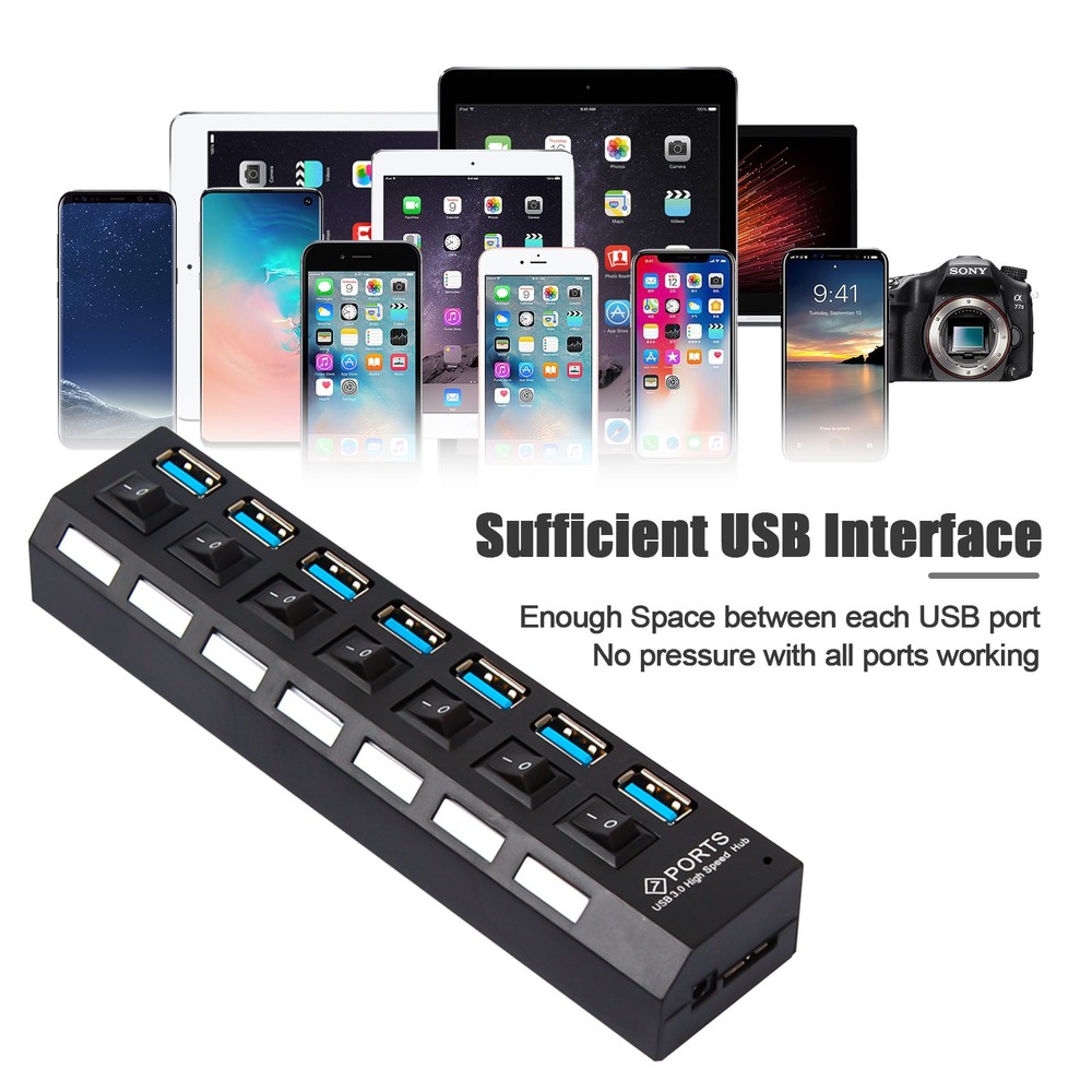 7 Port USB 3.0 Powered Hub Switch Splitter for PC Laptop Desktop Computer