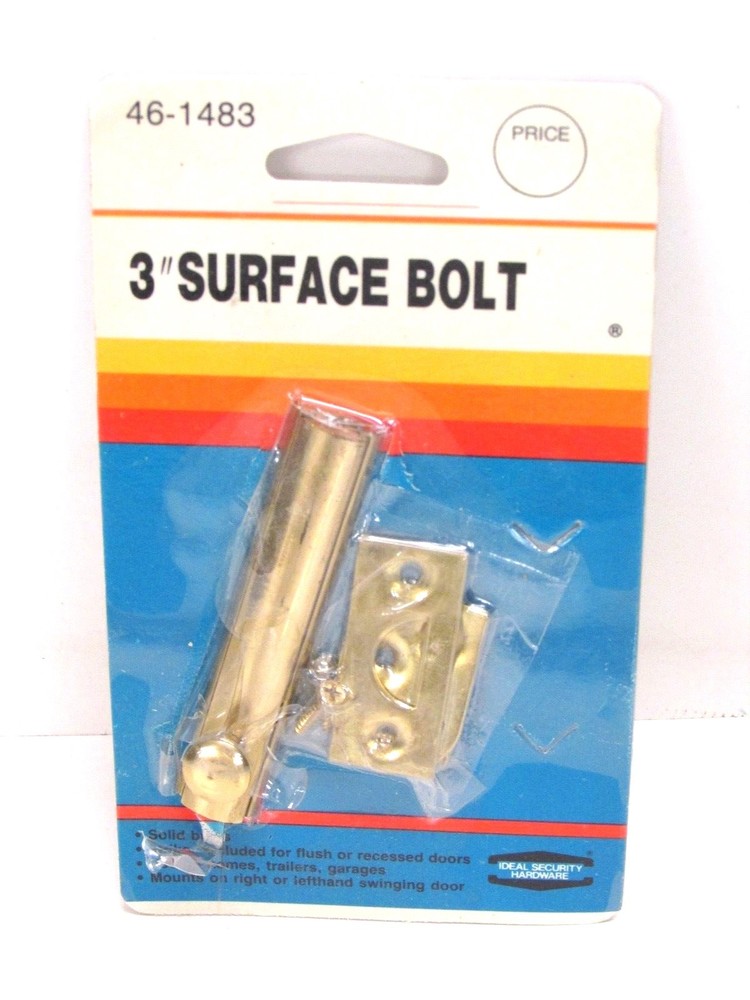NOS! IDEAL SECURITY HARDWARE 3" SOLID BRASS SURFACE BOLT, 46-1483