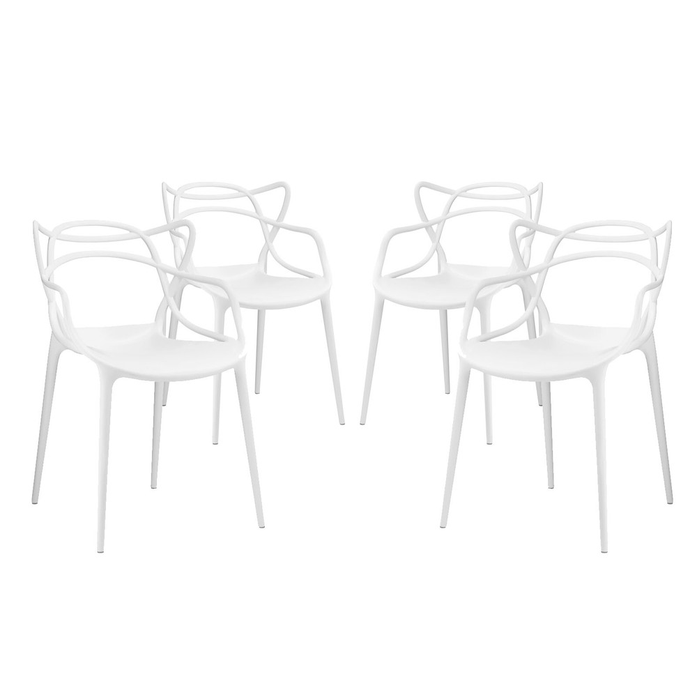 Modway Entangled Modern Molded Plastic Four Dining Armchairs in White