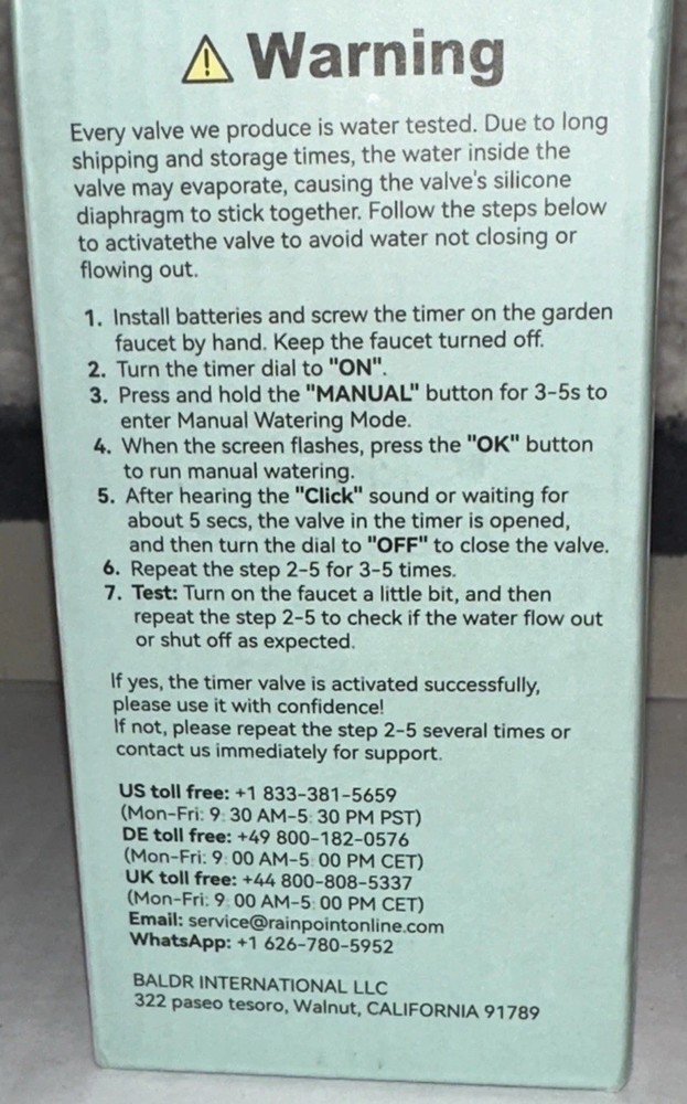 RainPoint Programmable 1-Zone Water Timer - Model Number ITV105