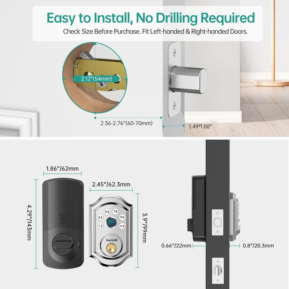 Hornbill Smart Front Door Lock: Silver Fingerprint Electronic Digital