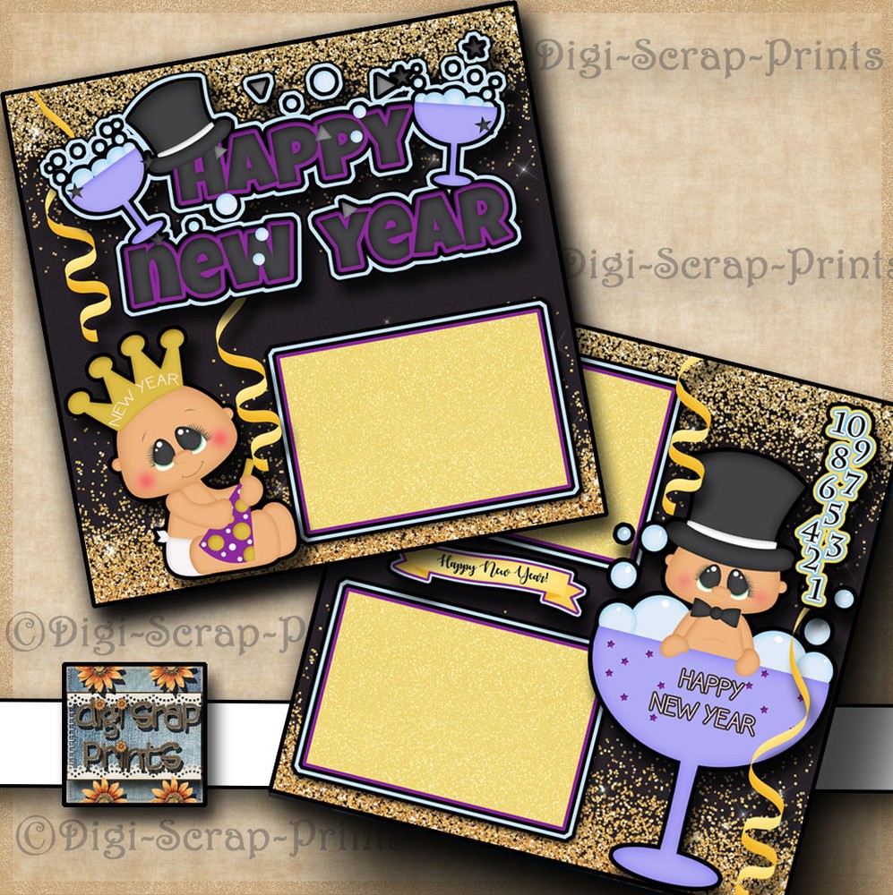 HAPPY NEW YEAR ~ 2 premade scrapbook pages paper piecing layout ~ BY DIGISCRAP