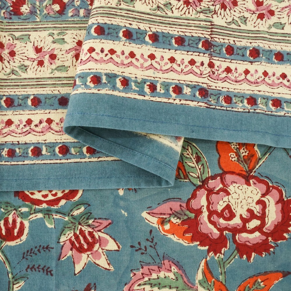 Blue & Green, Floral Block Printed Table Cover, Rectangular Christmas Tablecloth