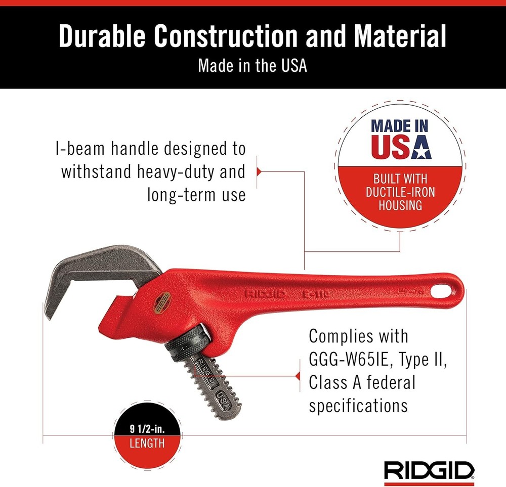 E-110 Offset Hex Pipe Wrench, 9.5", Red