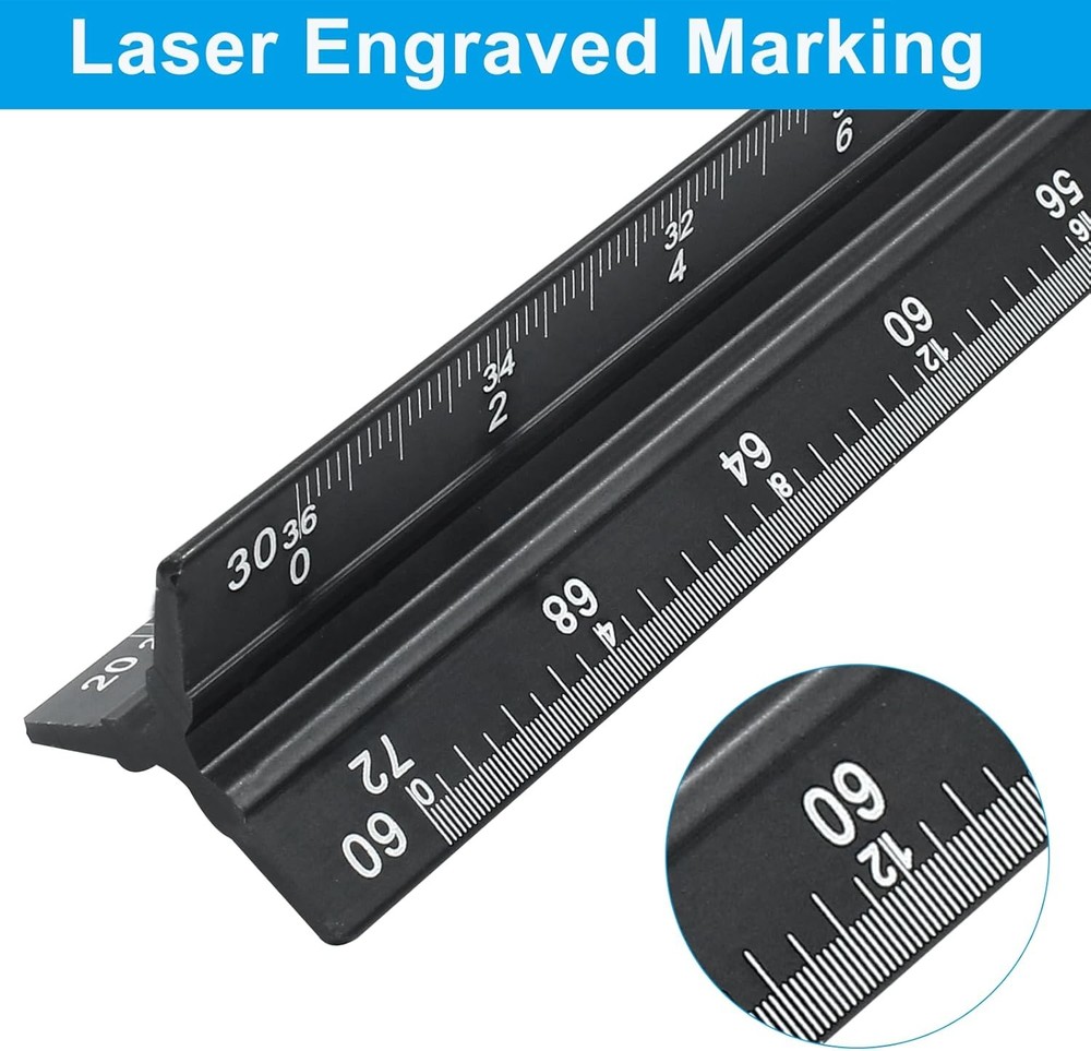 12" Metal Engineer Scale Ruler Triangular Drafting Tool 6 Scales Aluminum
