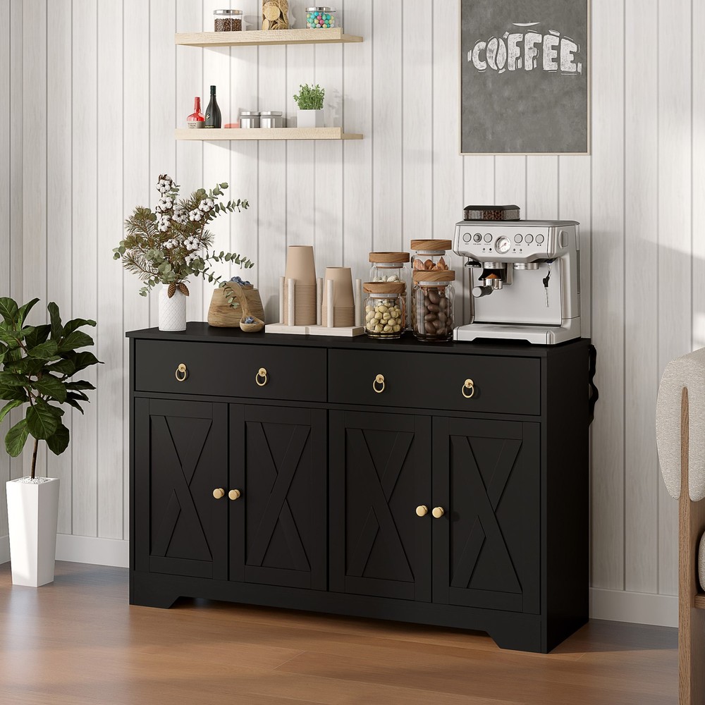 Kitchen Storage Sideboard, Buffet Cabinet with Barn Doors, Black