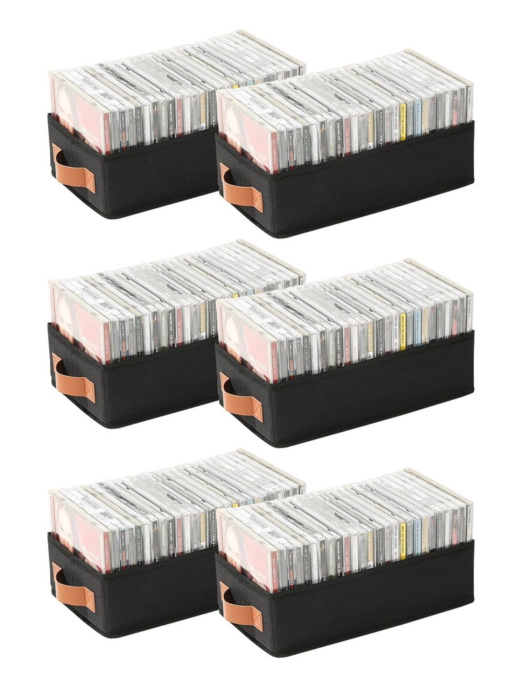 6 PCS Black CD Storage Boxes Case Holder Foldable Cabinets Handle Organizer