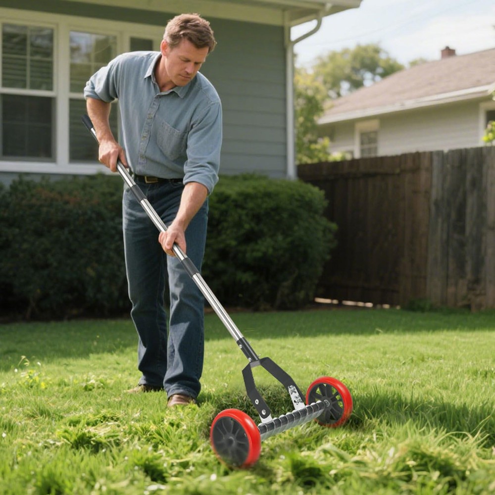Lawn Thatch Rake with Wheels, Dethatching Roller Rake for Lawn Care, Sturdy S...