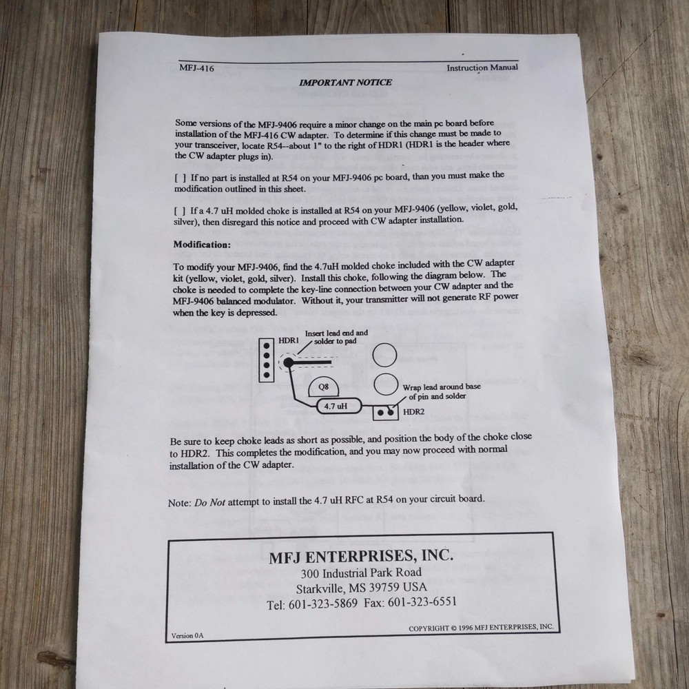 MFJ-416 CW Adapter Manual/Schematic