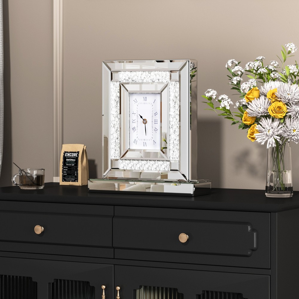 WISFOR 30cm Crushed Diamond Mirrored Desk Clock Decorative Table Clock Silver