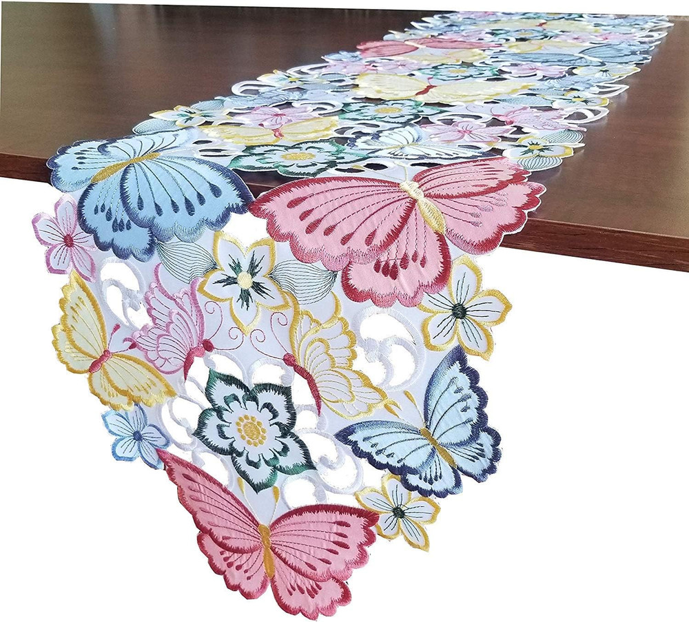 Easter Table Runner Spring Embroidered Applique Floral Butterfly Cutwork Table L
