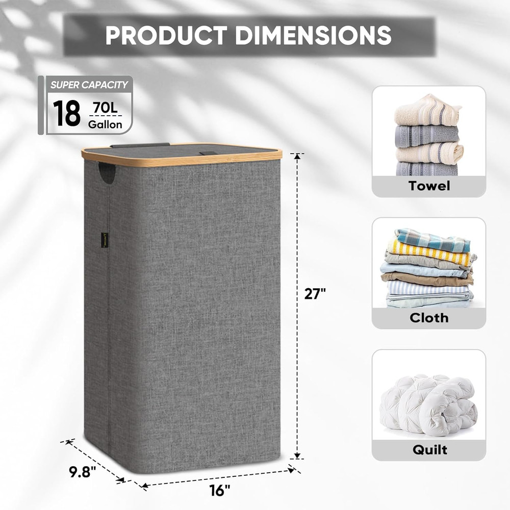 Laundry Hamper with Lid, Tall Laundry Baskets with Bamboo Pull Handles, Large...