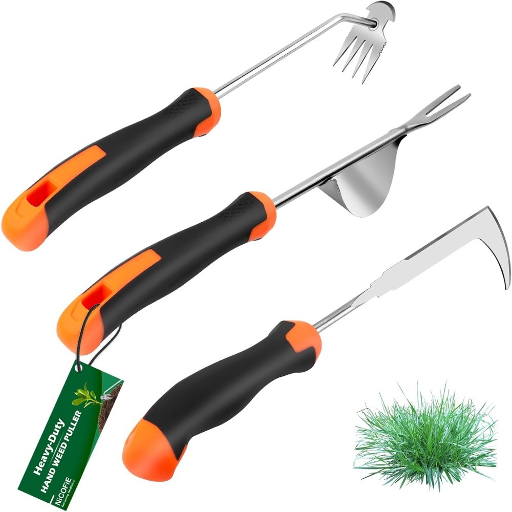 3 Pcs Hand Weeder Tool Set, 4-Tine Manual Weed Puller with Rubber Handle