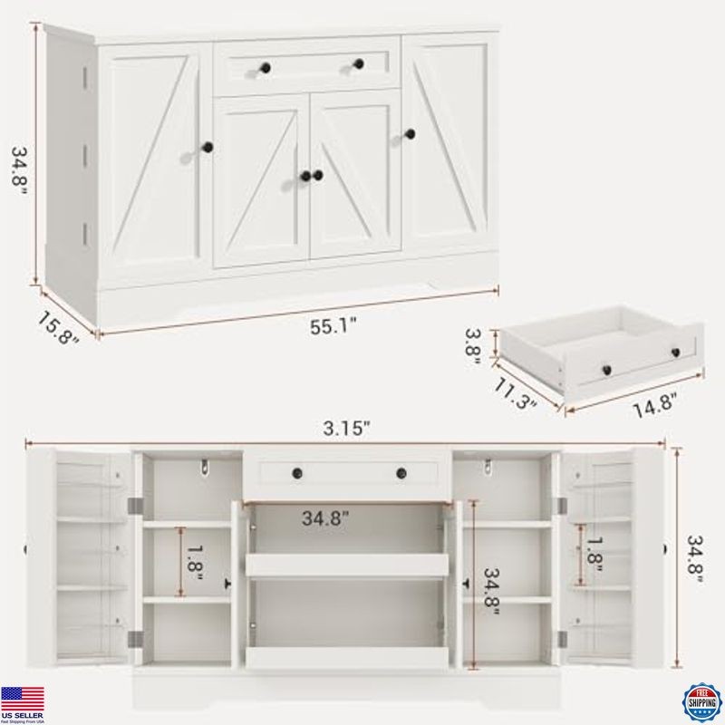 55" Buffet Cabinet with Storage, Kitchen Buffet Sideboard with Pull-Out Shelves