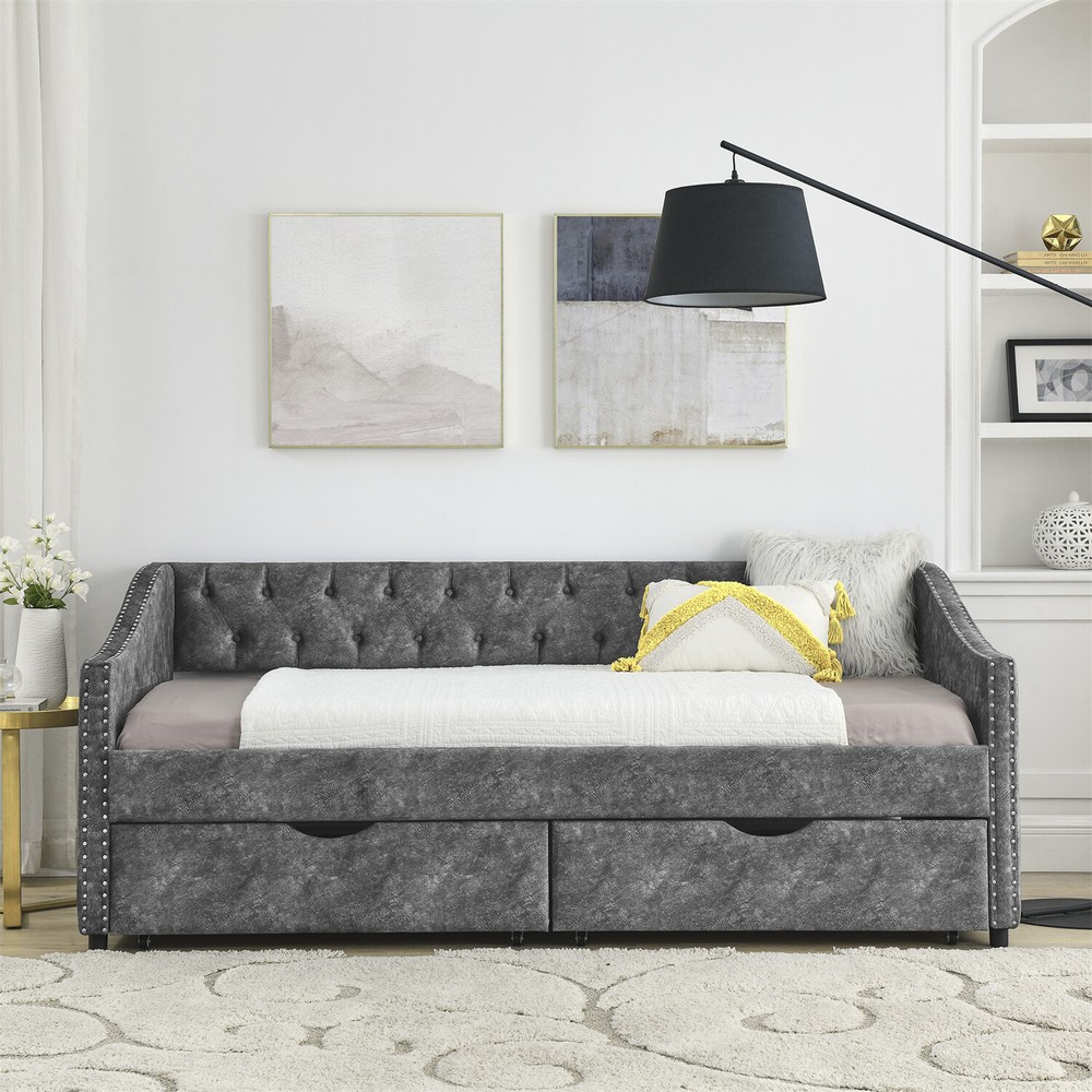 Twin Size Daybed Upholstered Bed Frame Sofa Bed w/ 2 Storage Drawers New