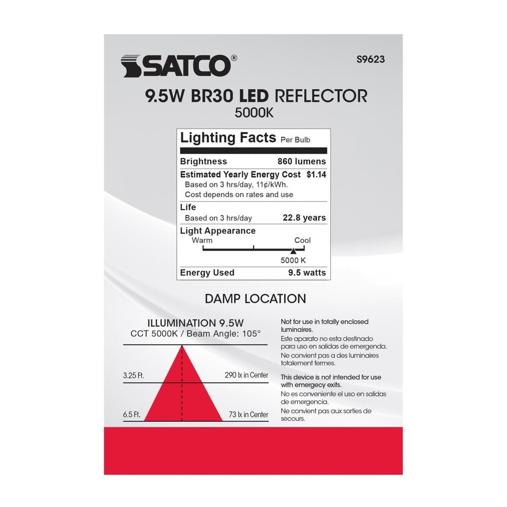 SATCO S9623 - 9.5 Watt BR30 Dimmable LED Light Bulb - 5000K (6 or 12 Pack)