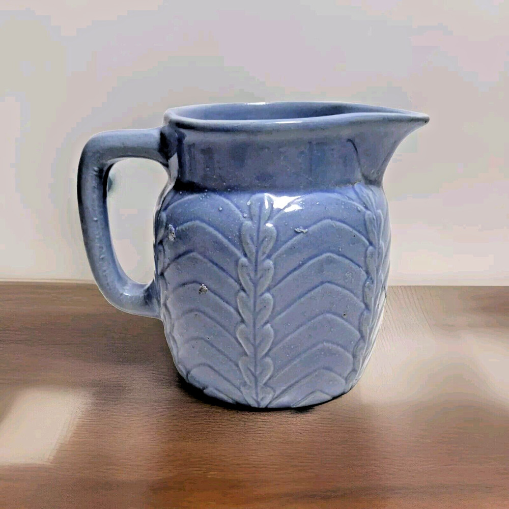 Blue Stoneware Arc Leaf Pattern Milk Pitcher Vintage Excellent Cond.