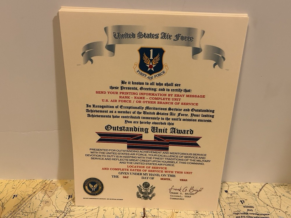 U.S. AIR FORCE / FIRST AIR FORCE - OUTSTANDING UNIT AWARD CERTIFICATE