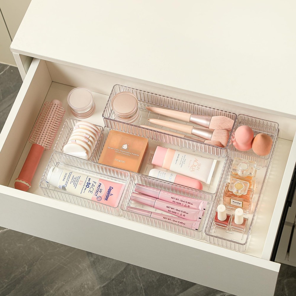 7 Pc Clear Drawer Organizer Bins, 4-Size, Stackable, Buckles, Makeup, Vanity